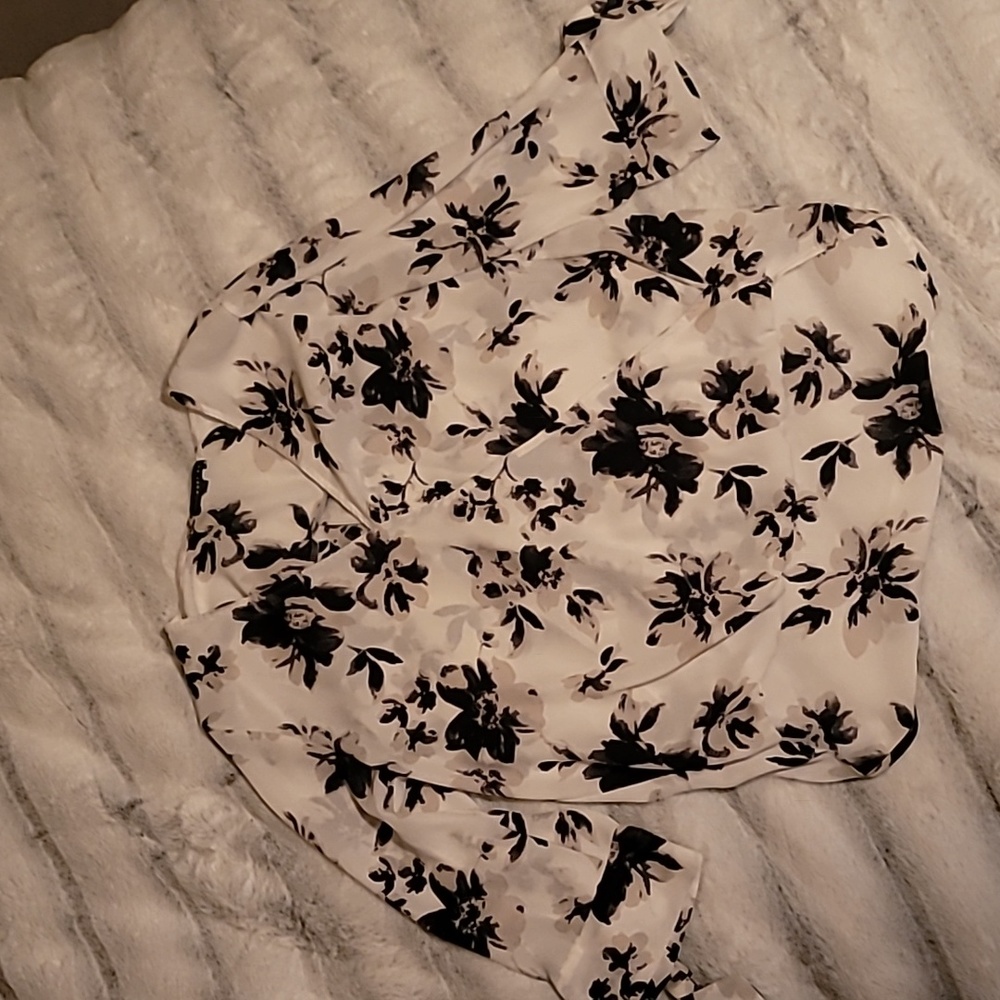 White with black flower print faux wrap blouse